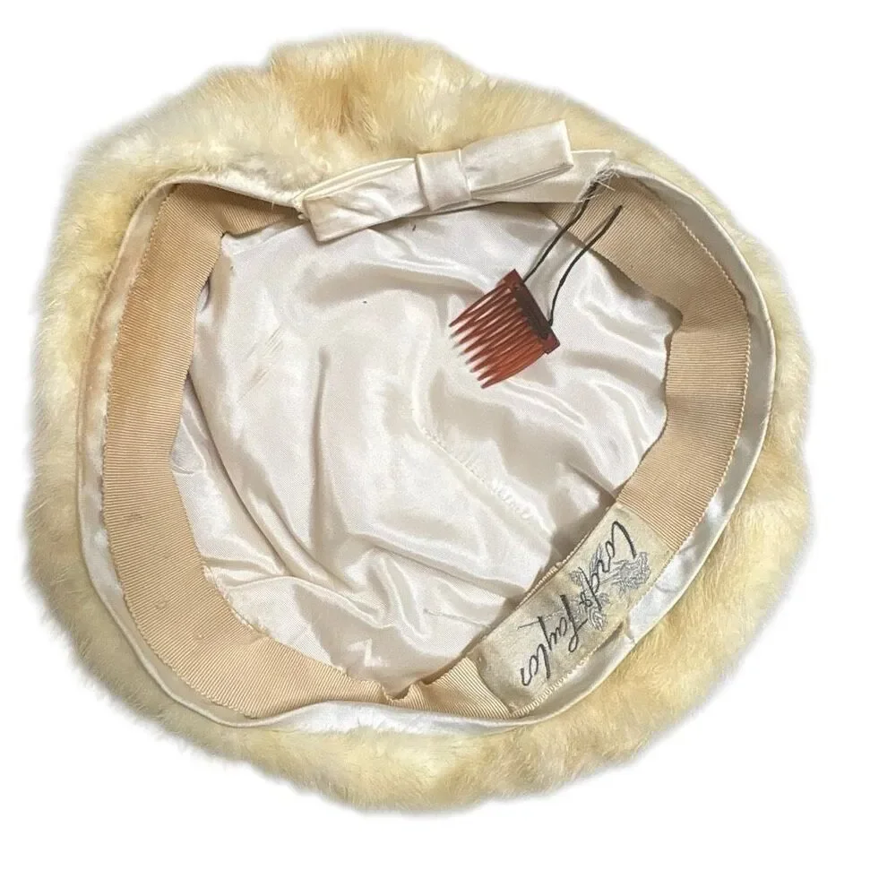 Lord & Taylor‎ Vtg Cream Fur Beret Hat w/Bow and Comb Ski Apres Winter Mod Chic